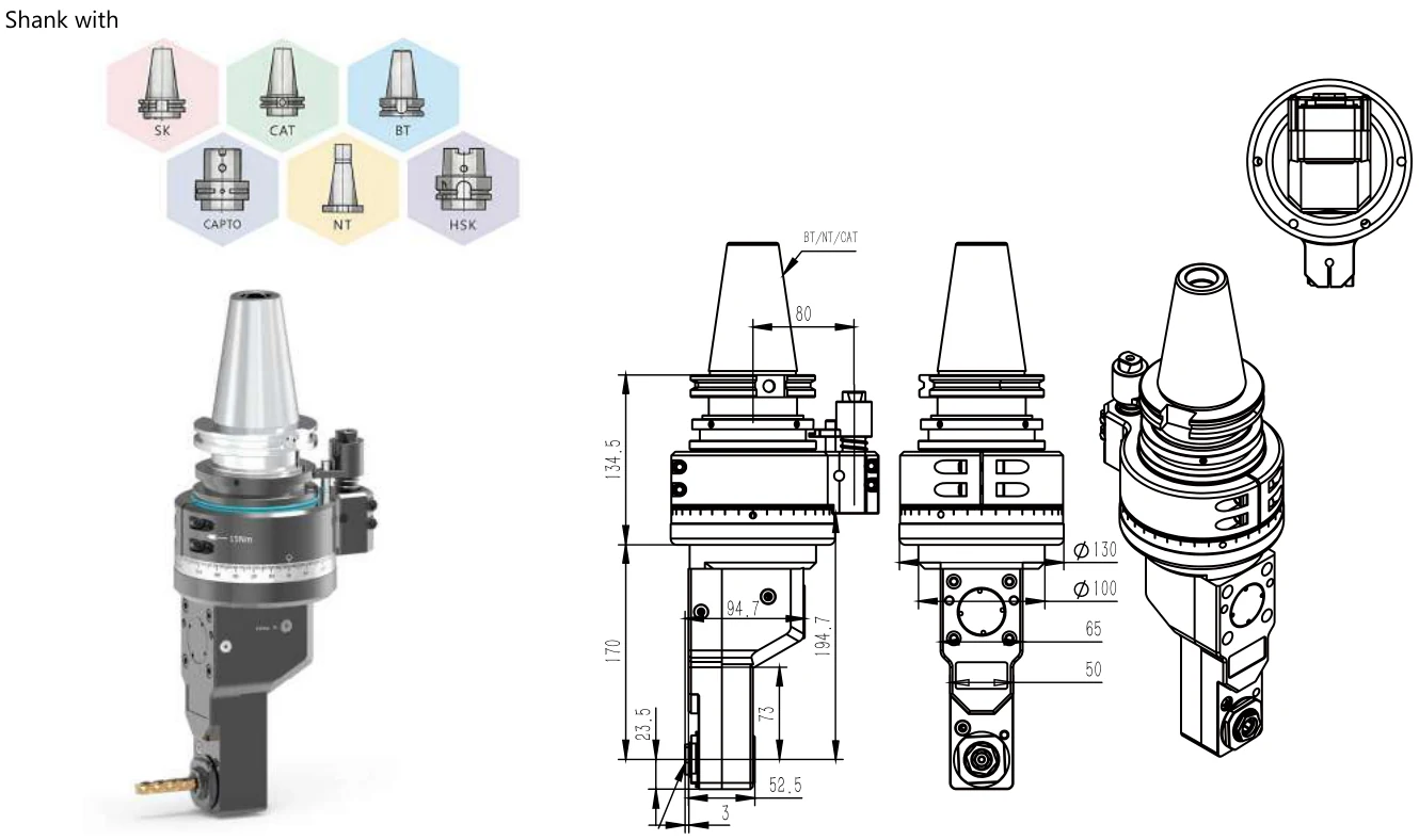Mongtec BT50-SK50QPER20 angle head — product view and dimensioned drawing
