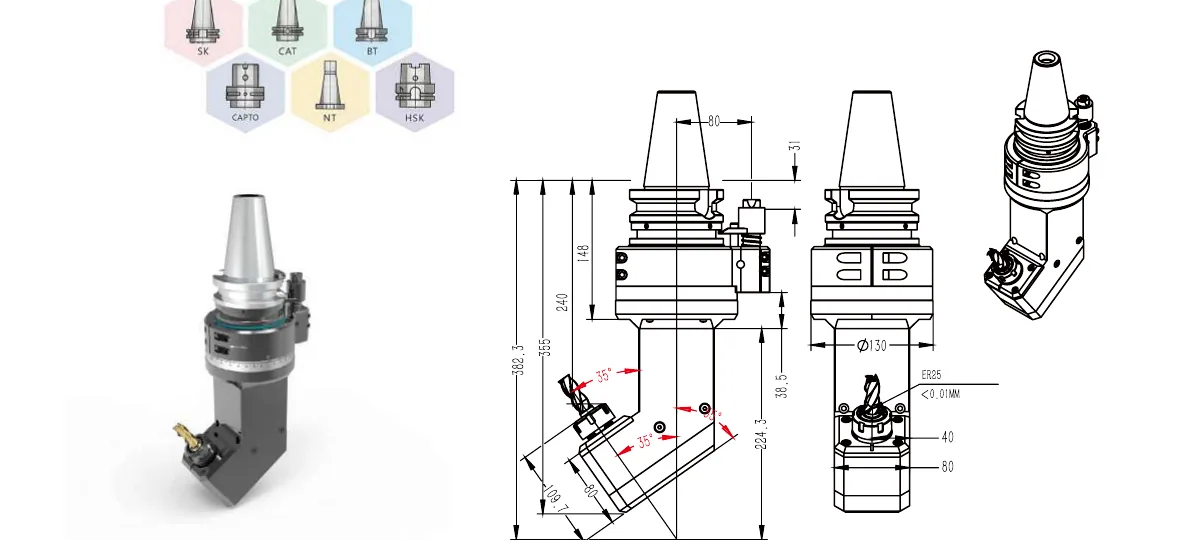 Mongtec BT50Q55° angle head — product view and dimensioned drawing