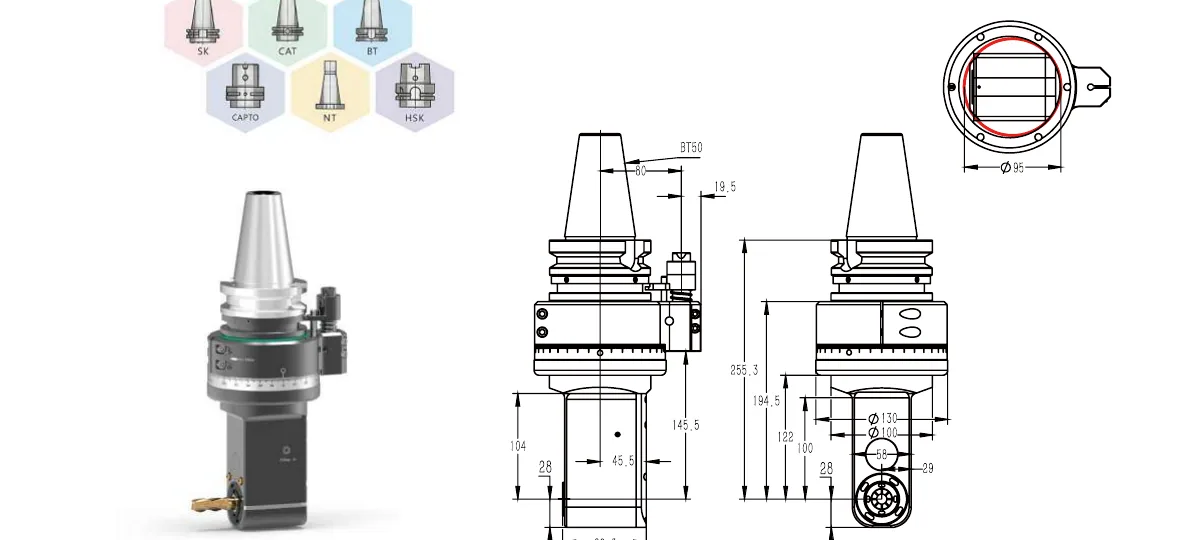 Mongtec BT50QAER25MQ100 angle head — product view and dimensioned drawing