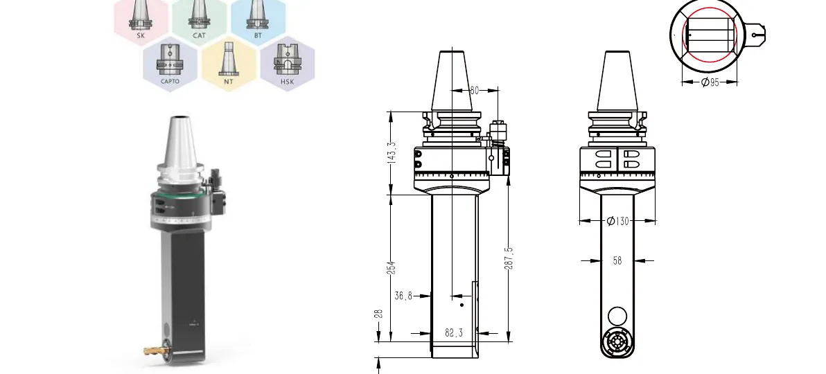 Mongtec BT50QAER25MQ250 angle head — product view and dimensioned drawing