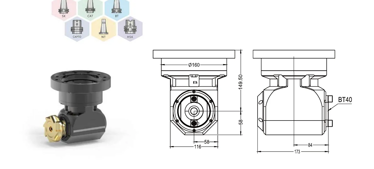 Mongtec BT50QBT40Q160 앵글헤드 — 제품 외관 및 치수도