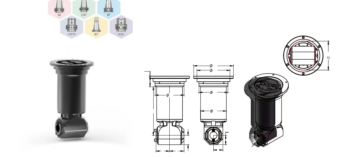 Mongtec Winkelkopf BT50QBT40Q300 – Produktansicht und Maßzeichnung