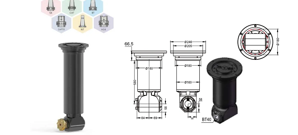 Mongtec Winkelkopf BT50QBT40Q580L – Produktansicht und Maßzeichnung