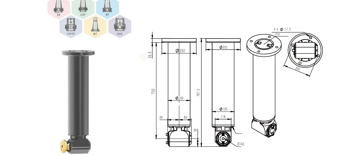 Mongtec BT50QBT40Q700 角度頭 — 產品外觀與尺寸圖