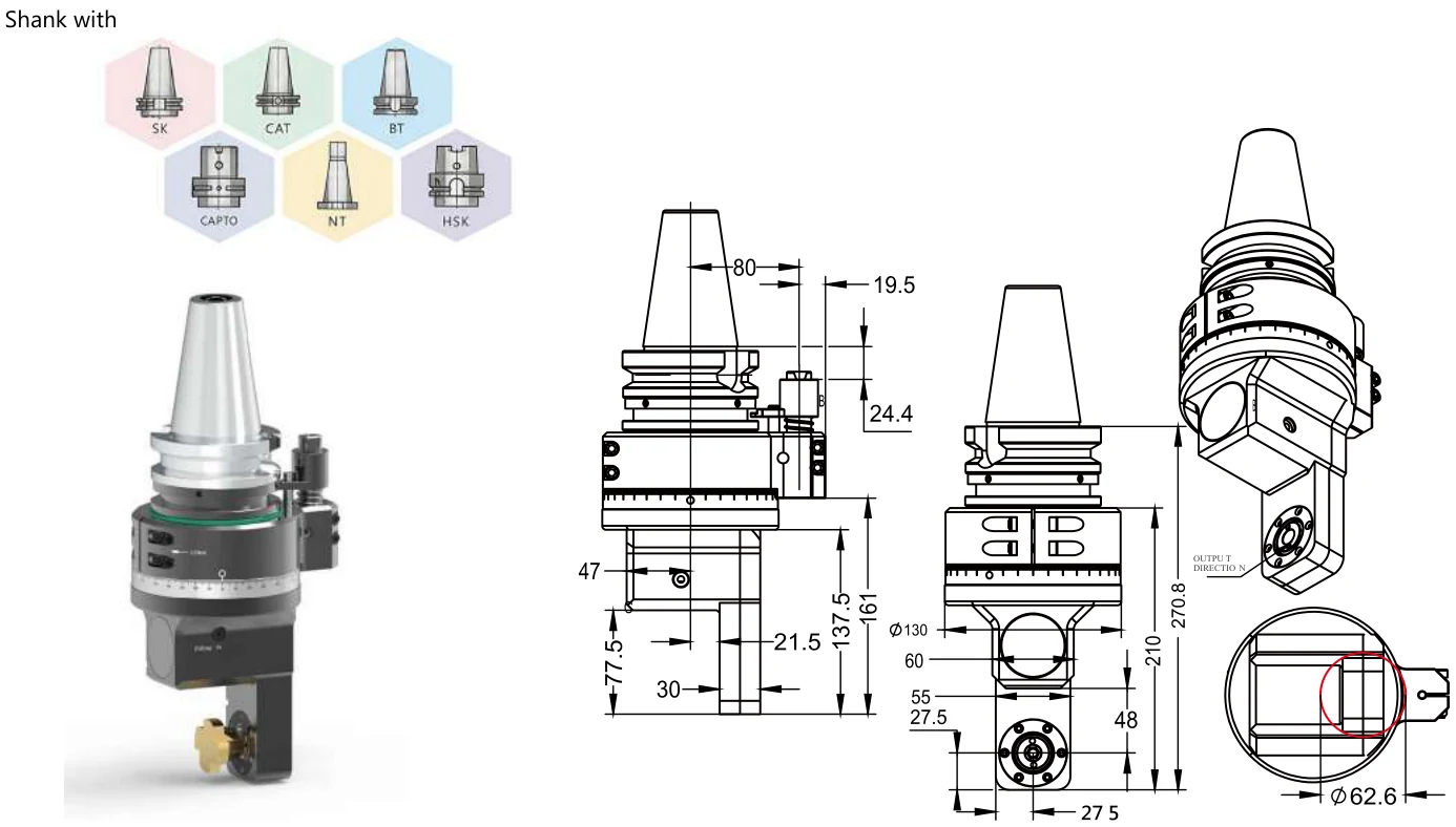 Mongtec BT50QD48 / Forward Turning Calipers angle head — product view and dimensioned drawing