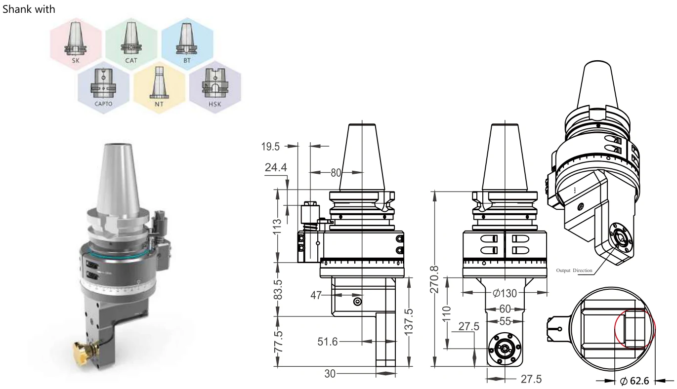 Mongtec BT50QD48 / Reverse Of Caliper angle head — product view and dimensioned drawing