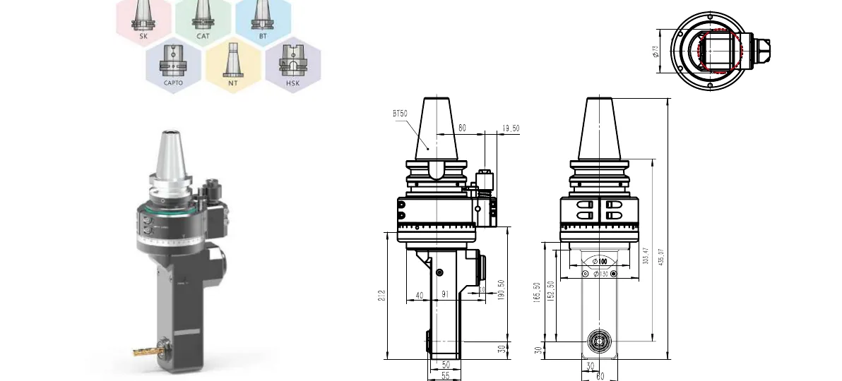 Mongtec BT50QDC13 angle head — product view and dimensioned drawing