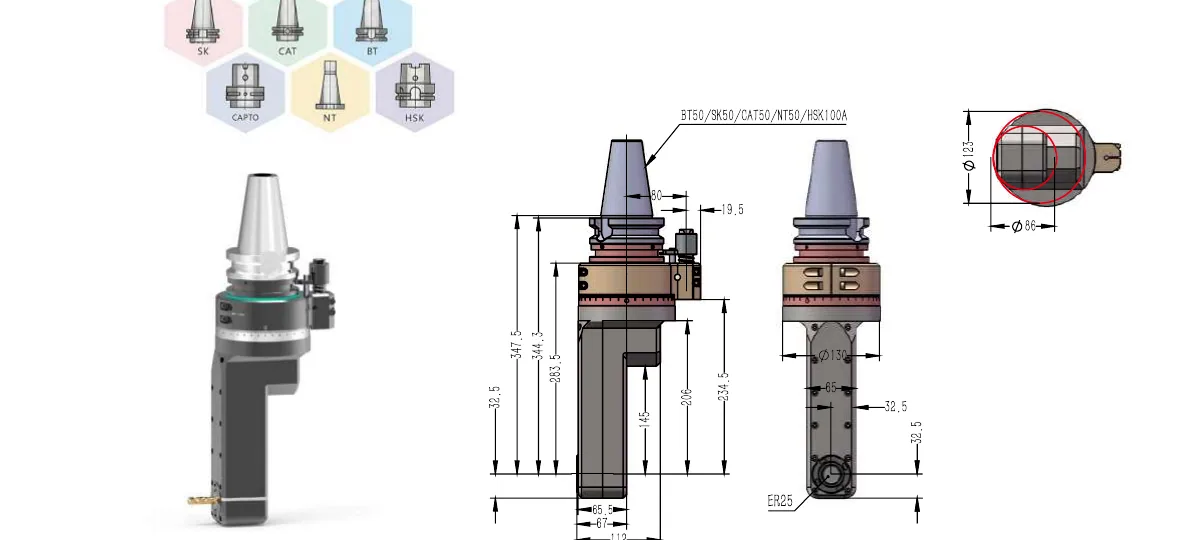 Mongtec BT50QDC16Q145 angle head — product view and dimensioned drawing