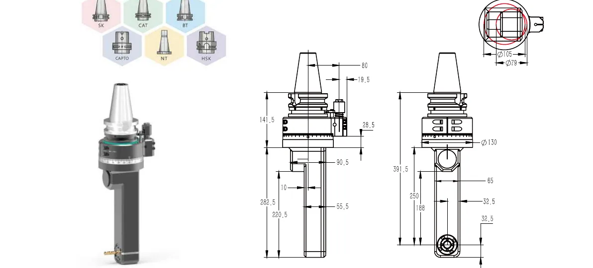 Mongtec BT50QDC16Q185 angle head — product view and dimensioned drawing