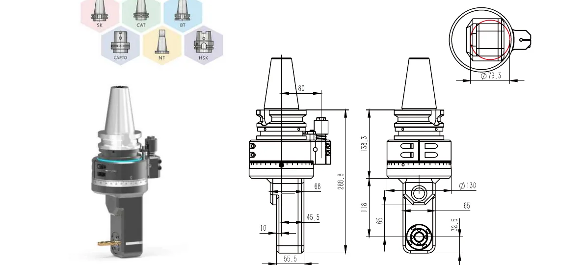 Mongtec BT50QDC16Q65 angle head — product view and dimensioned drawing