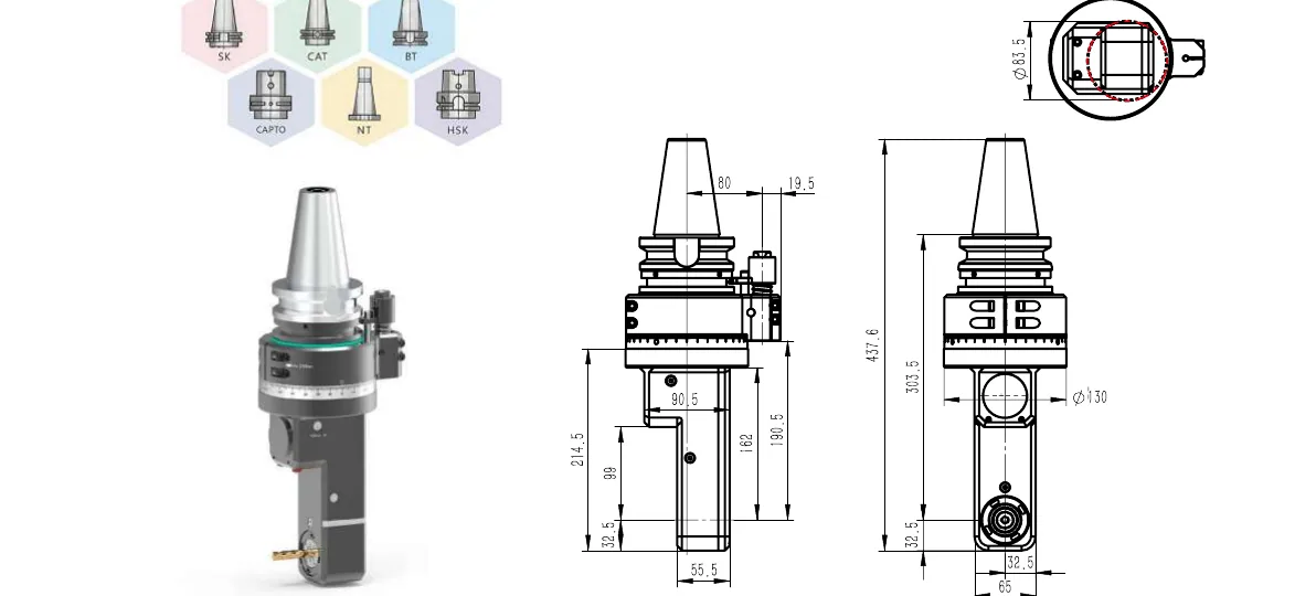 Mongtec BT50QDC16Q99 angle head — product view and dimensioned drawing