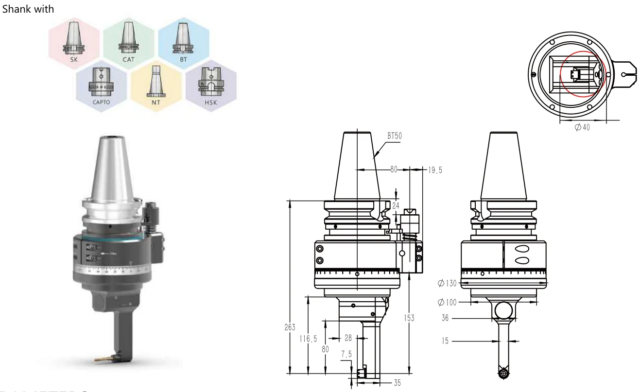 Mongtec BT50QDC5M angle head — product view and dimensioned drawing