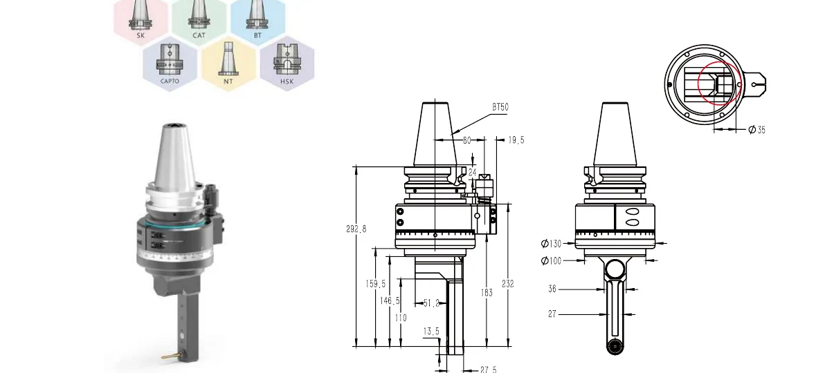 Mongtec BT50QDC6 angle head — product view and dimensioned drawing