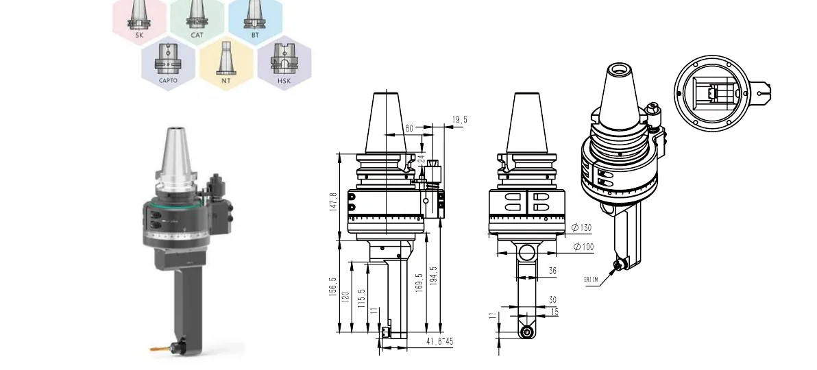 Mongtec BT50QDC7Q120 angle head — product view and dimensioned drawing