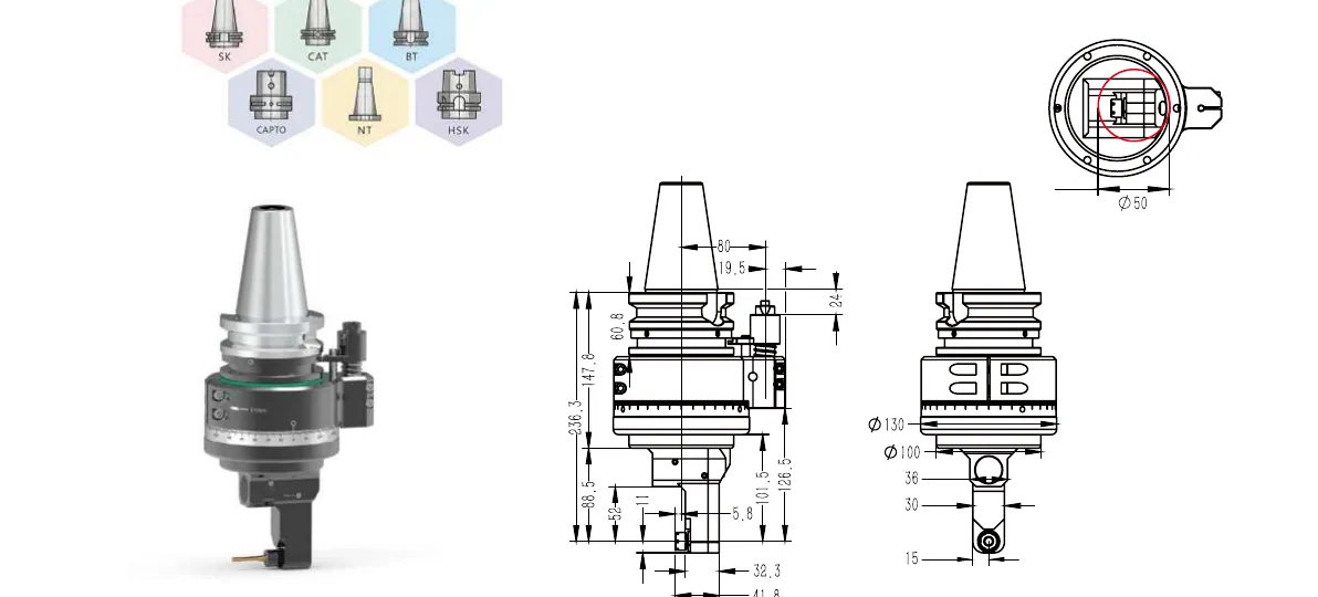 Mongtec BT50QDC7Q52 angle head — product view and dimensioned drawing