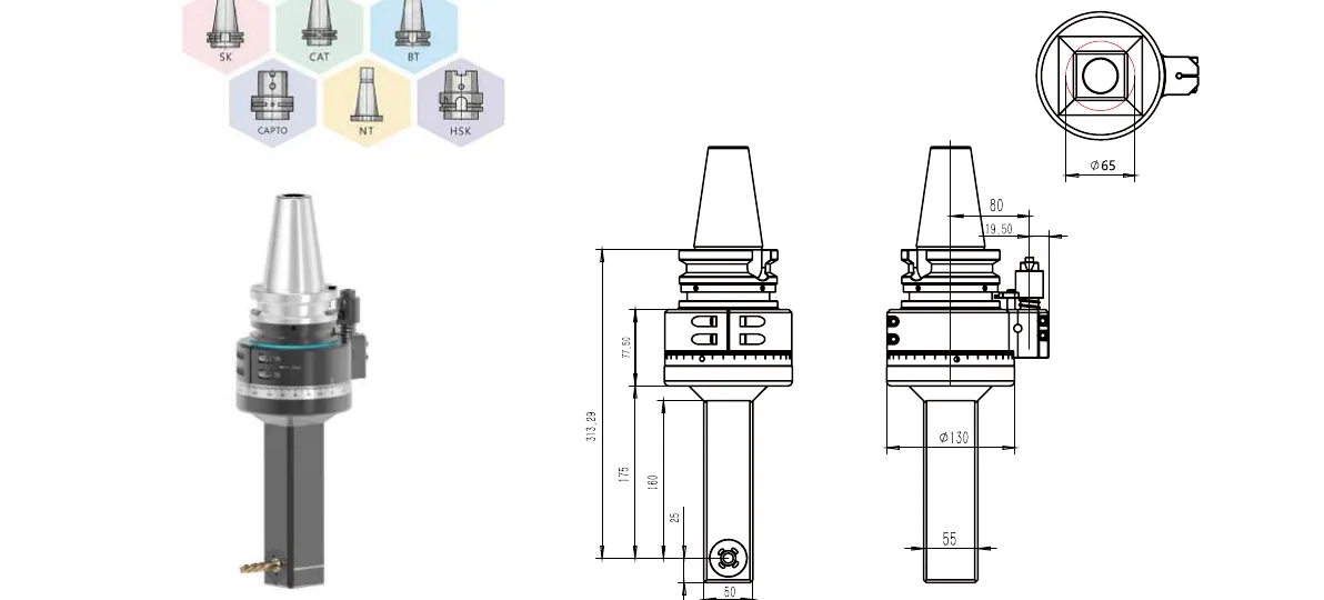 Mongtec BT50QDC8Q160 angle head — product view and dimensioned drawing