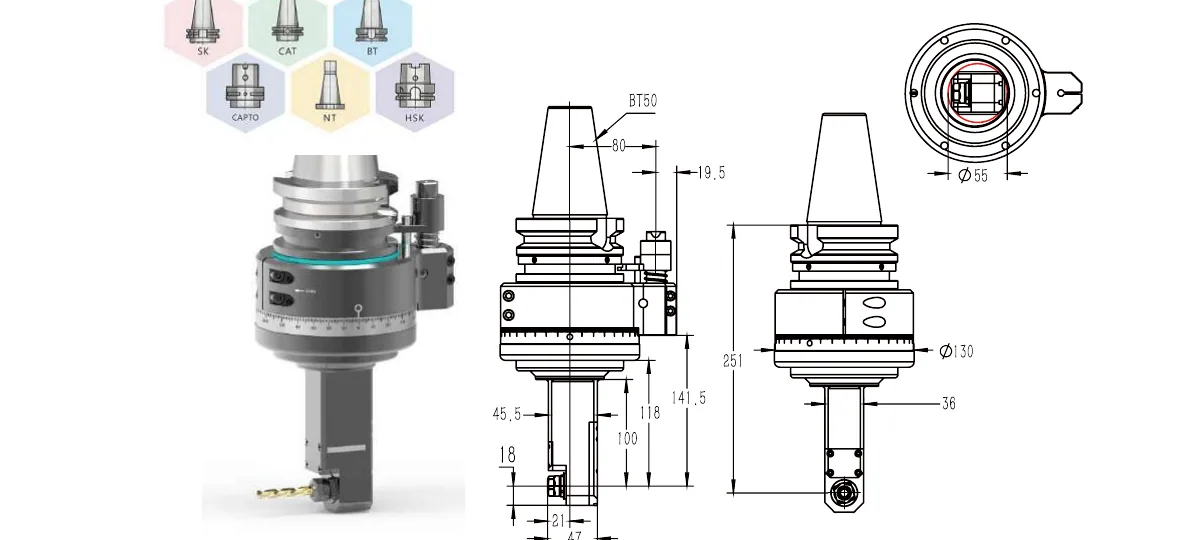 Mongtec Winkelkopf BT50QER11MQ100 – Produktansicht und Maßzeichnung
