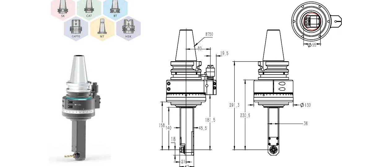 Mongtec BT50QER11MQ140 angle head — product view and dimensioned drawing
