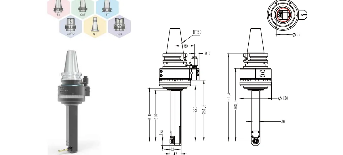 Mongtec BT50QER11MQ210 angle head — product view and dimensioned drawing