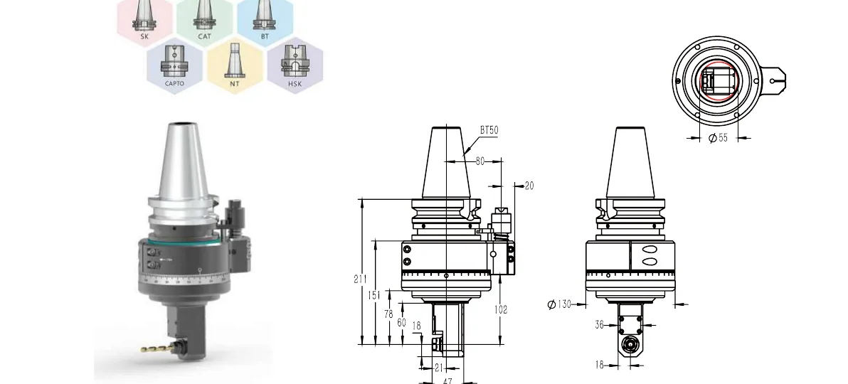 Mongtec Winkelkopf BT50QER11MQ60 – Produktansicht und Maßzeichnung