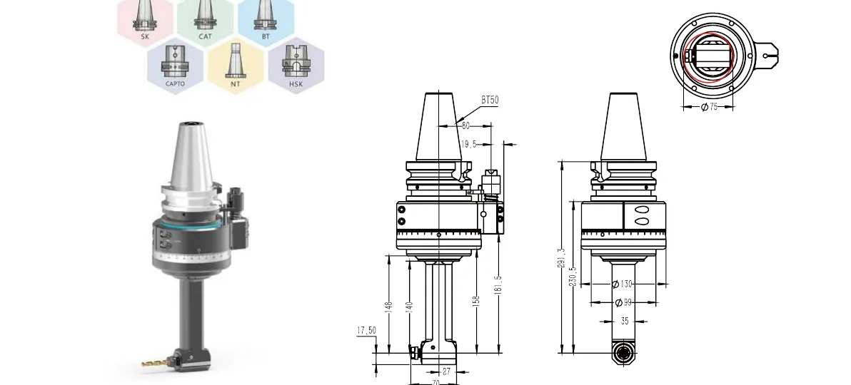 Mongtec BT50QER11Q140 angle head — product view and dimensioned drawing