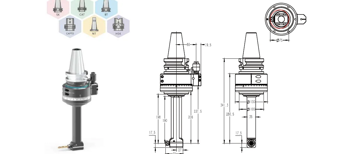 Mongtec BT50QER11Q190 angle head — product view and dimensioned drawing