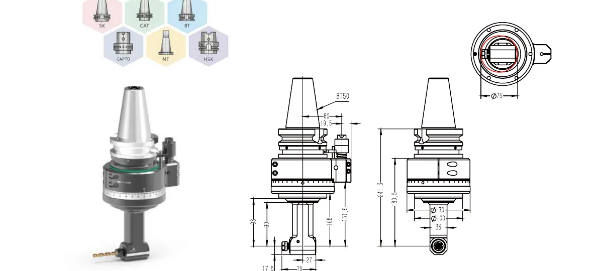 Mongtec BT50QER11Q90 angle head — product view and dimensioned drawing