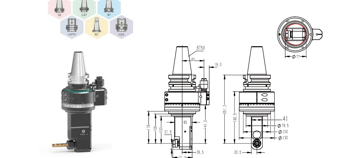 Mongtec BT50QER16MQ100 angle head — product view and dimensioned drawing