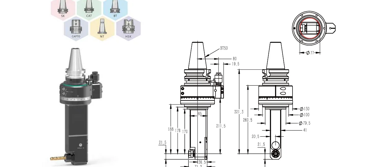 Mongtec BT50QER16MQ170 angle head — product view and dimensioned drawing