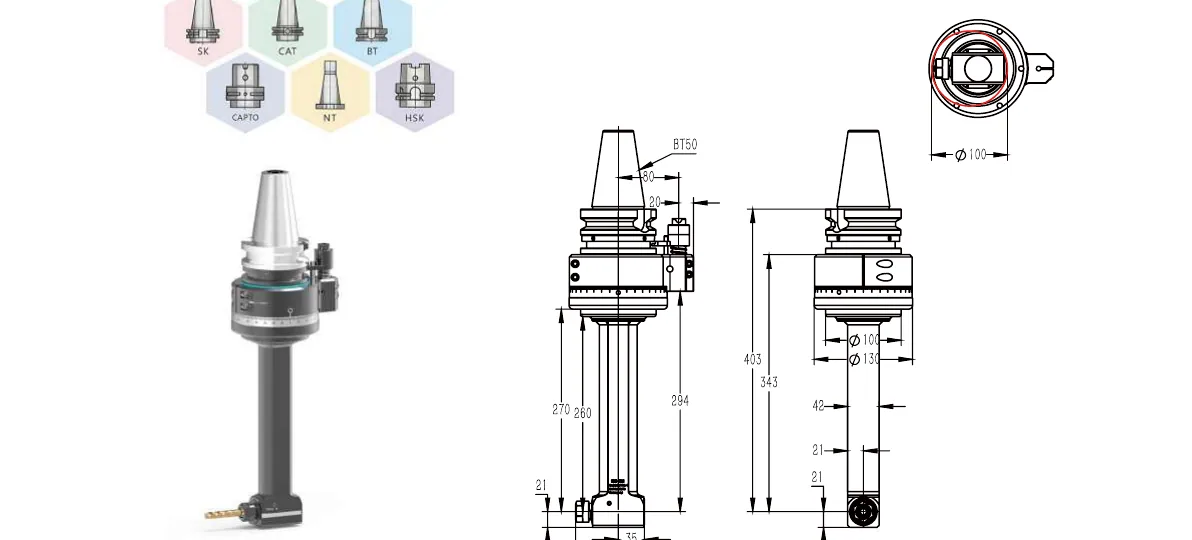 Mongtec BT50QER16Q260 angle head — product view and dimensioned drawing