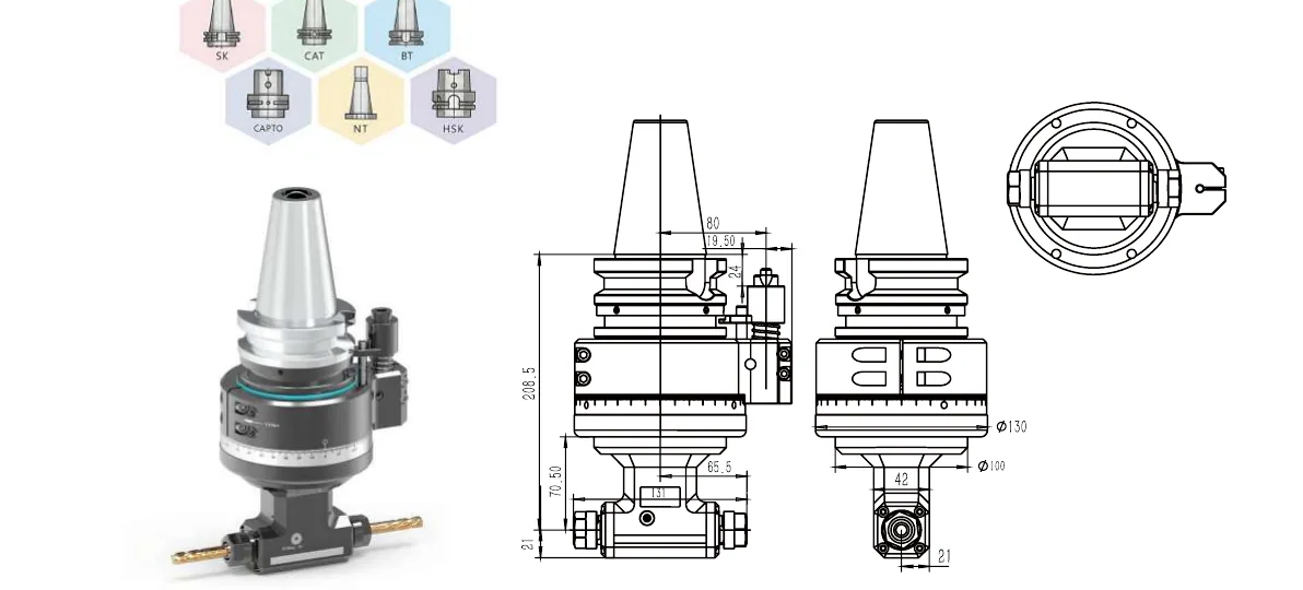 Mongtec BT50QER16Q2X angle head — product view and dimensioned drawing