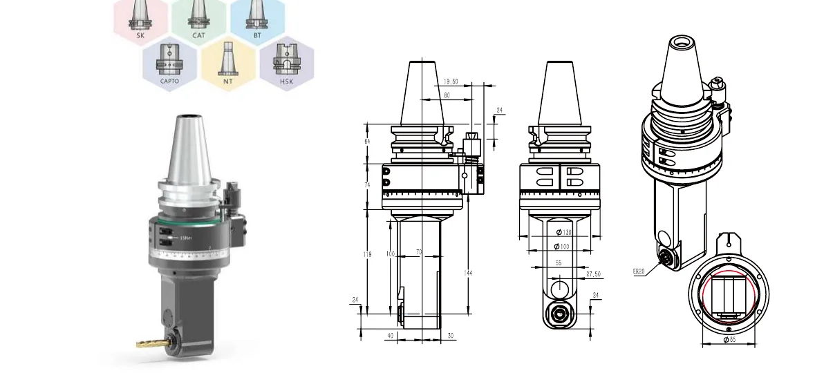 Mongtec BT50QER20MQ100 angle head — product view and dimensioned drawing