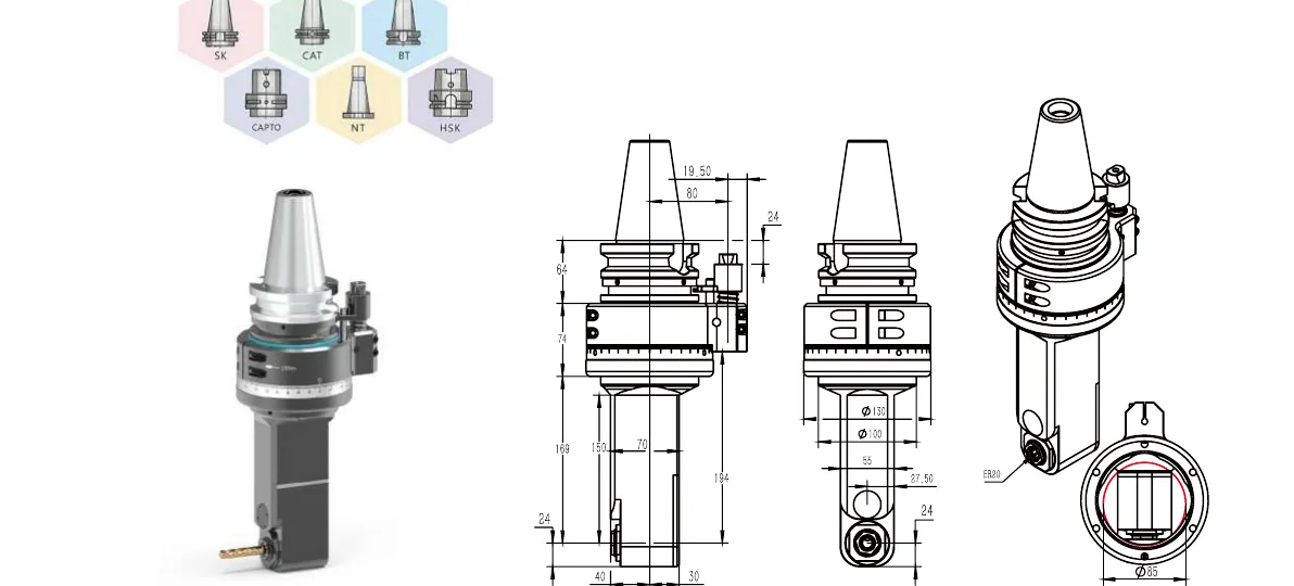 Mongtec BT50QER20MQ150 angle head — product view and dimensioned drawing