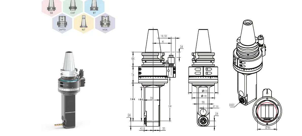 Mongtec BT50QER20MQ180 angle head — product view and dimensioned drawing