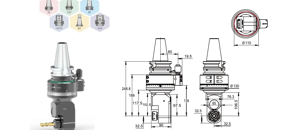 Mongtec BT50QER25MQ100 angle head — product view and dimensioned drawing