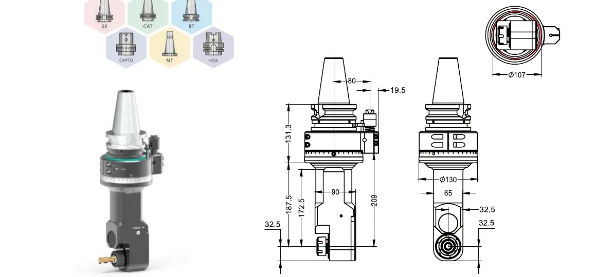 Mongtec BT50QER25MQ170 angle head — product view and dimensioned drawing