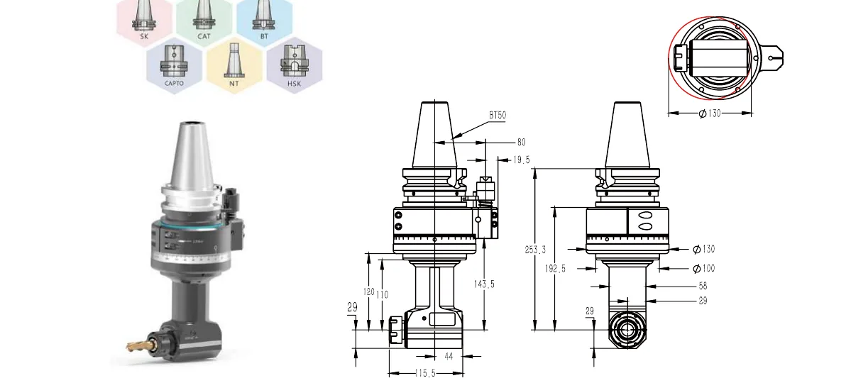 Mongtec BT50QER25Q110 angle head — product view and dimensioned drawing