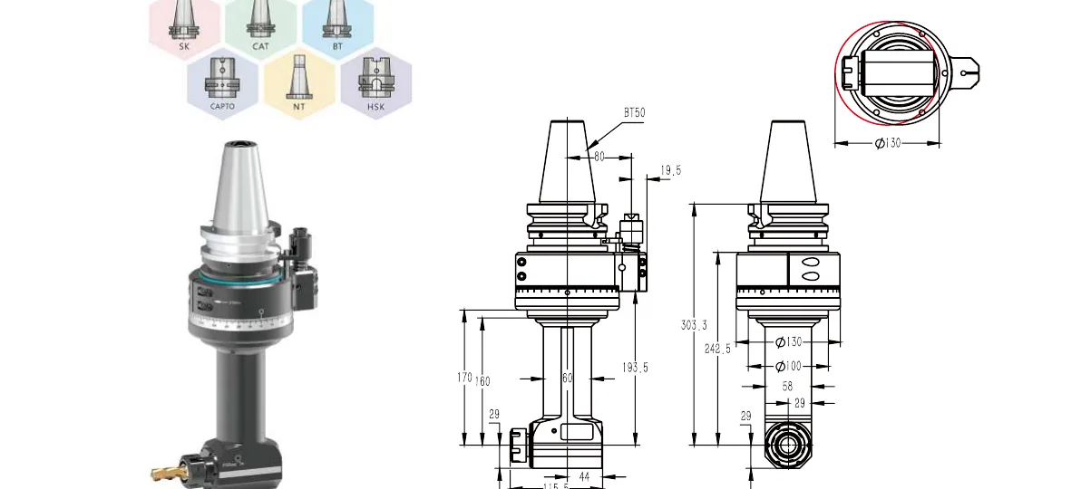 Mongtec BT50QER25Q160 angle head — product view and dimensioned drawing
