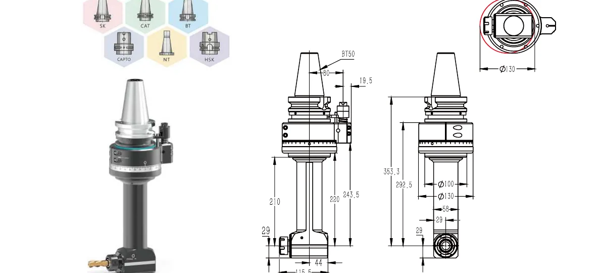 Mongtec BT50QER25Q210 angle head — product view and dimensioned drawing