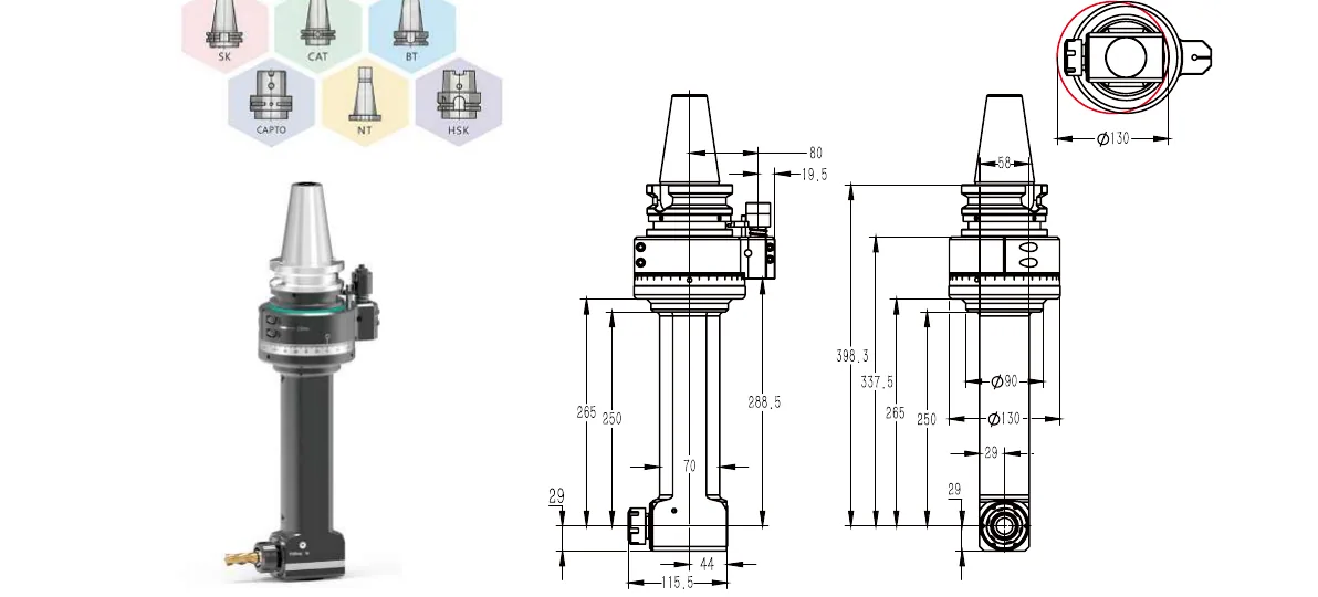 Mongtec BT50QER25Q250 angle head — product view and dimensioned drawing