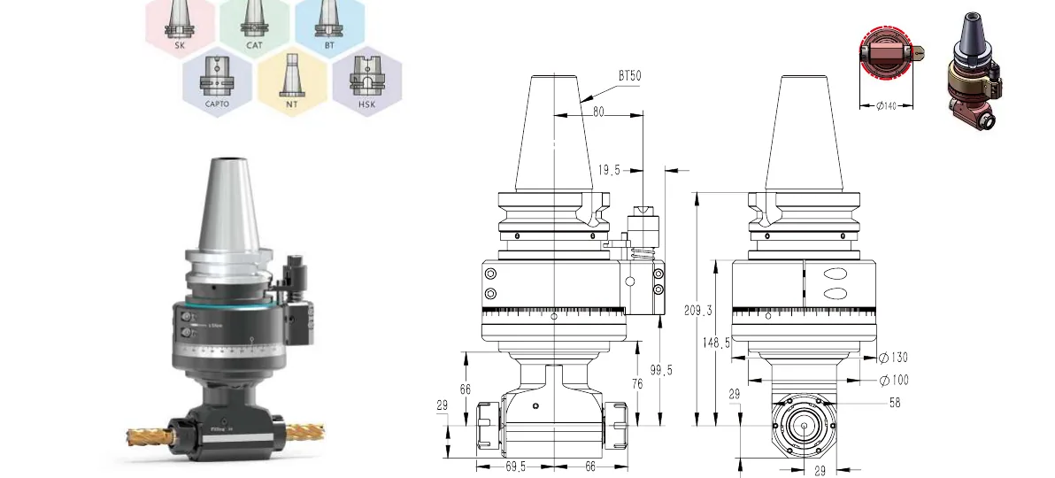 Mongtec BT50QER25Q2X angle head — product view and dimensioned drawing