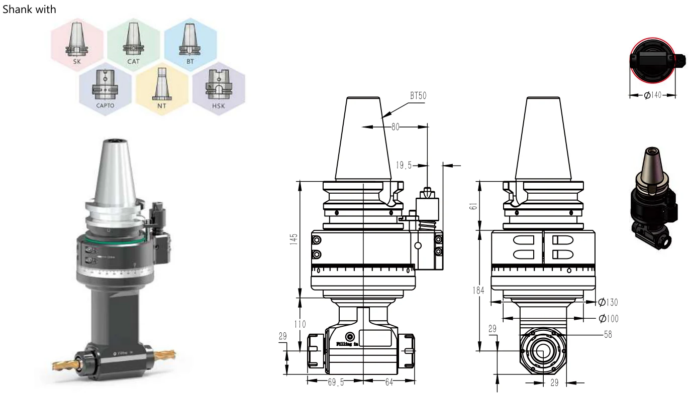 Mongtec BT50QER25Q2XQ110 angle head — product view and dimensioned drawing