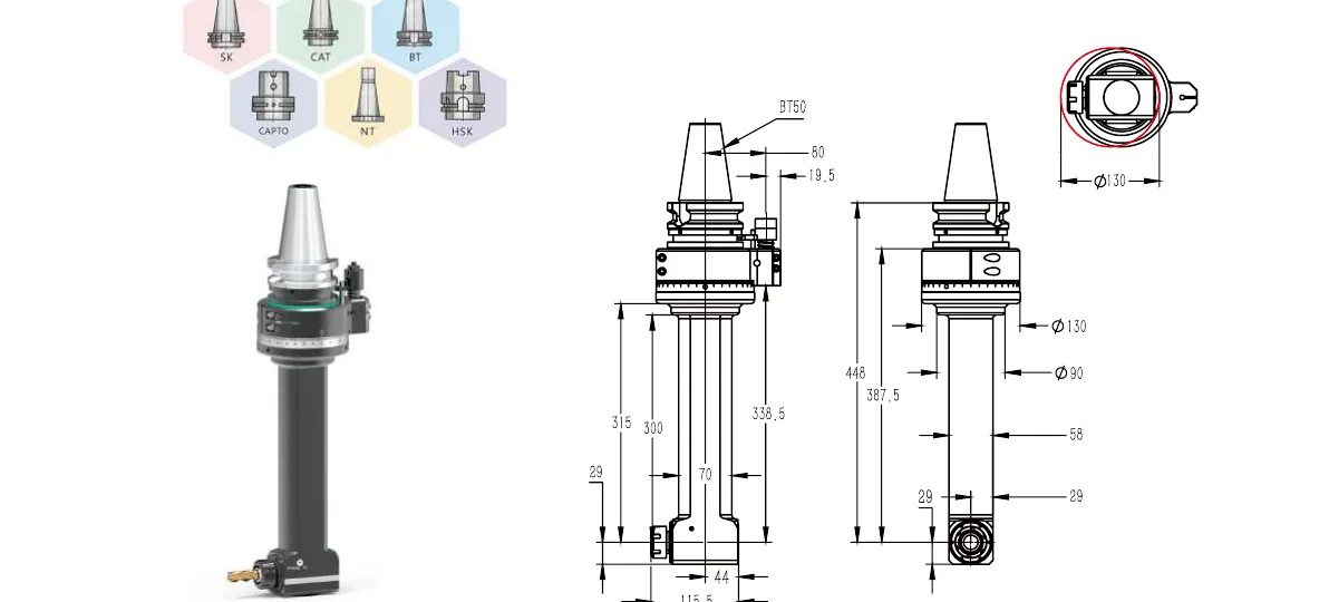 Mongtec BT50QER25Q300 angle head — product view and dimensioned drawing