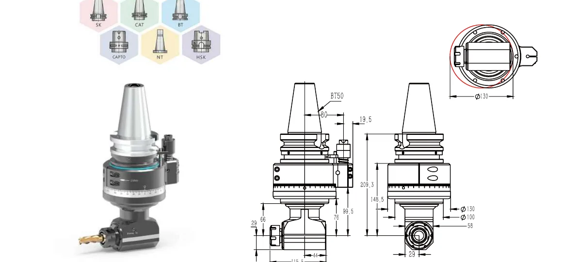 Mongtec BT50QER25Q66 angle head — product view and dimensioned drawing