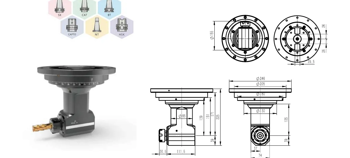 Mongtec BT50QER32Q125 angle head — product view and dimensioned drawing