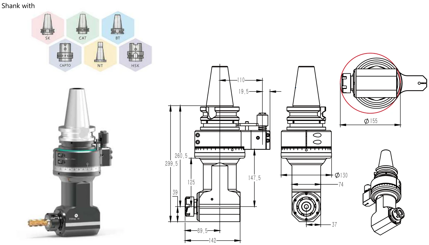 Mongtec BT50QER32Q125 angle head — product view and dimensioned drawing