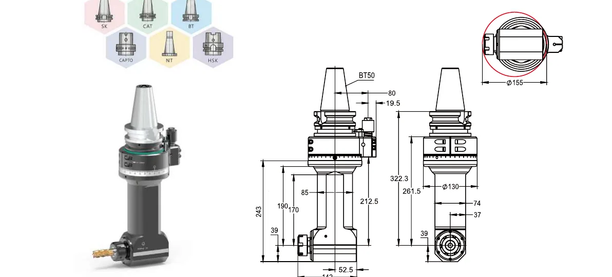 Mongtec BT50QER32Q170 angle head — product view and dimensioned drawing