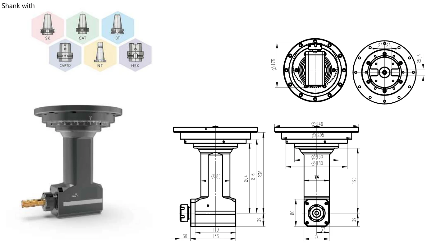 Mongtec BT50QER32Q190/FLANG LINK angle head — product view and dimensioned drawing