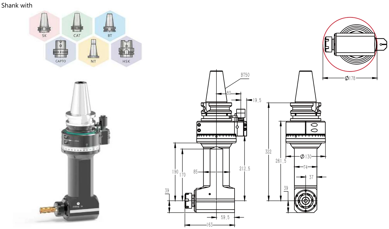 Mongtec BT50QER32Q190 angle head — product view and dimensioned drawing