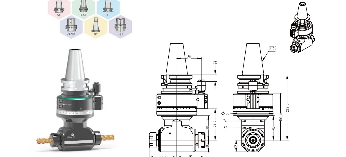 Mongtec BT50QER32Q2X angle head — product view and dimensioned drawing